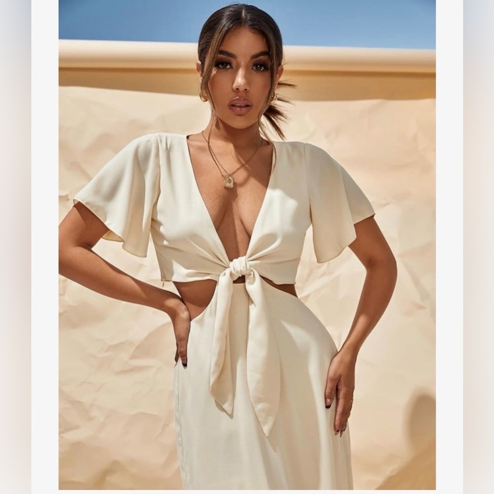 Cupshe Short Sleeve Tie Front V Neck Cutout Waist Slit Hem Maxi Dress size S